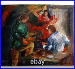 Liliane Paumier, huile sur toile belle danseuse de flamenco et ses musiciens