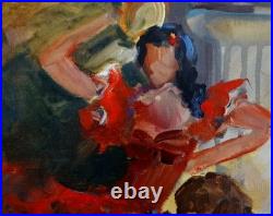 Liliane Paumier, huile sur toile belle danseuse de flamenco et ses musiciens Liliane Paumier, huile sur toile belle danseuse de flamenco et ses musiciens