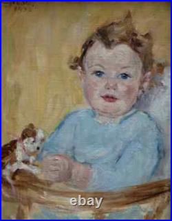 Lumineux Tableau Impressionniste 1933. Portrait D'enfant A La Peluche. Signé