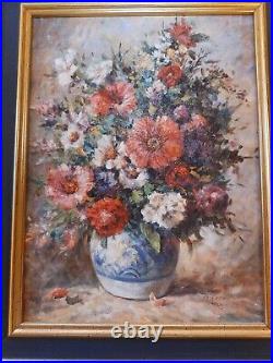 Magnifique peinture à l'huile sur toile bouquet de fleurs signé T. Denver