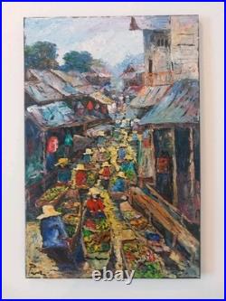 Marché Flottant Rural Asie Thaïlande Magnifique Peinture Au Couteau Originale