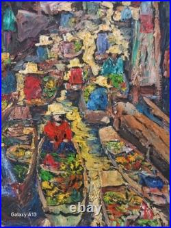 Marché Flottant Rural Asie Thaïlande Magnifique Peinture Au Couteau Originale
