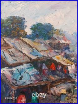 Marché Flottant Rural Asie Thaïlande Magnifique Peinture Au Couteau Originale