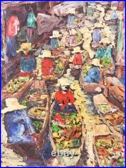 Marché Flottant Rural Asie Thaïlande Magnifique Peinture Au Couteau Originale