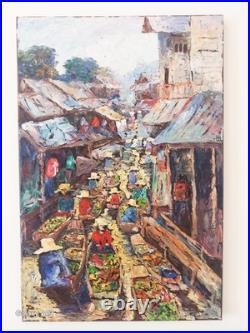 Marché Flottant Rural Asie Thaïlande Magnifique Peinture Au Couteau Originale