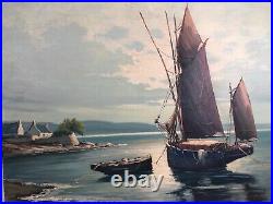 Marine. Huile sur toile. Bateaux -paysage de Bretagne epoque 1900-20
