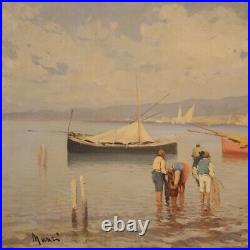 Marine peinture signé tableau huile sur toile paysage bateaux 20ème siècle 900