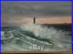Marine, peinture tableau huile sur toile, phare, voiliers, vagues, signé