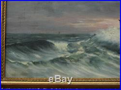 Marine, peinture tableau huile sur toile, phare, voiliers, vagues, signé