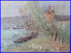 Michel Calvet (Né en 1956) Barques Bord de Rivière Huile sur toile. 33x41 cm