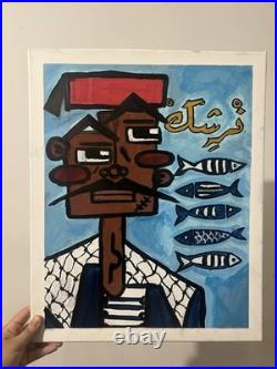 Nacha Chalandi peinture sur toile signée, portrait personnage avec poissons