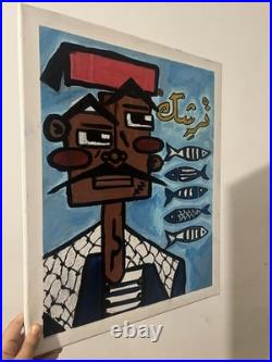 Nacha Chalandi peinture sur toile signée, portrait personnage avec poissons