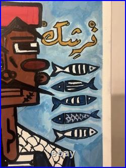 Nacha Chalandi peinture sur toile signée, portrait personnage avec poissons