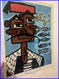 Nacha Chalandi peinture sur toile signée, portrait personnage avec poissons