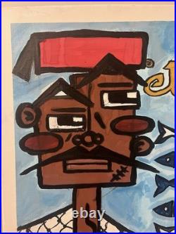 Nacha Chalandi peinture sur toile signée, portrait personnage avec poissons