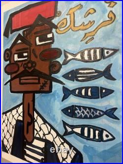 Nacha Chalandi peinture sur toile signée, portrait personnage avec poissons