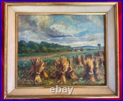 Oil on Canvas Rural Landscape Haystacks Louis Pagnoux 1884-1966 Signed