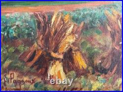 Oil on Canvas Rural Landscape Haystacks Louis Pagnoux 1884-1966 Signed