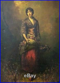Old Oil Painting 19 century Peinture Ancienne Woman Portrait, Flowers