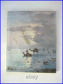 Orientaliste Bain des Chameaux au Crépuscule H/Toile 1947 A Braunsteffer 26,5x33