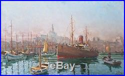 PEINTURE TABLEAU MARINE NAVIRE PORT MARSEILLE CARGO ship in HARBOUR circa 1910