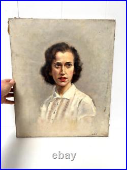 PORTRAIT TABLEAU PEINTURE Huile sur toile signée KIRK XXème F10 55cmX46cm