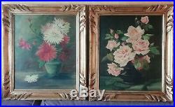 Paire de Tableaux huile sur toile nature morte bouquets fleurs signés RICOT 1922