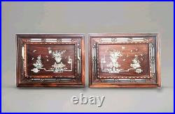 Paire de tableaux incrustations nacre XIX sur bois Mother of Pearl Indochine