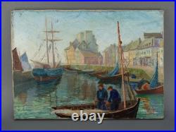 Paolo Vetri Tableau Ancien Marine Port Huile Sur Toile Signée Voiliers Pêcheurs