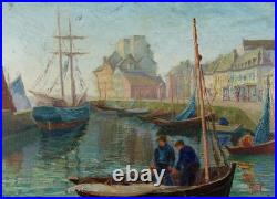 Paolo Vetri Tableau Ancien Marine Port Huile Sur Toile Signée Voiliers Pêcheurs