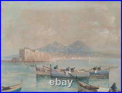 Paysage Marin du Golfe de Naples, Peinture Ancienne à l'huile sur toile signée