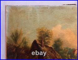 Paysage animé en bord de rivière, Huile sur toile, Peinture, Tableau, Fin XIXe