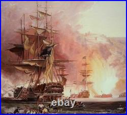 Paysage marin guerre navale bateaux tableau peinture huile sur toile / war navy
