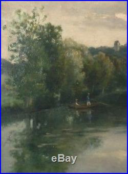 Peinture 19e siècle école de Barbizon signée datée 1881 barque sur la rivière