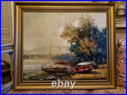 Peinture Ancienne Encadrée, Huile Sur Toile Signée, Paysage Barque