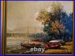 Peinture Ancienne Encadrée, Huile Sur Toile Signée, Paysage Barque