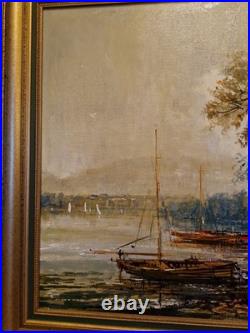 Peinture Ancienne Encadrée, Huile Sur Toile Signée, Paysage Barque