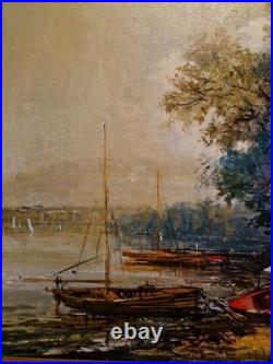 Peinture Ancienne Encadrée, Huile Sur Toile Signée, Paysage Barque