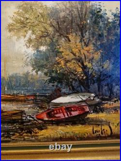 Peinture Ancienne Encadrée, Huile Sur Toile Signée, Paysage Barque