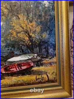 Peinture Ancienne Encadrée, Huile Sur Toile Signée, Paysage Barque