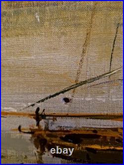 Peinture Ancienne Encadrée, Huile Sur Toile Signée, Paysage Barque