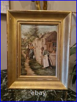 Peinture Ancienne Encadrée Signée, Huile Sur Toile Scène De Vie