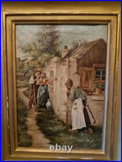 Peinture Ancienne Encadrée Signée, Huile Sur Toile Scène De Vie