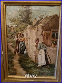 Peinture Ancienne Encadrée Signée, Huile Sur Toile Scène De Vie
