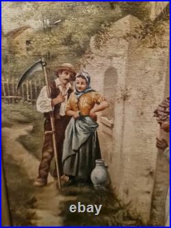 Peinture Ancienne Encadrée Signée, Huile Sur Toile Scène De Vie
