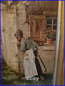Peinture Ancienne Encadrée Signée, Huile Sur Toile Scène De Vie