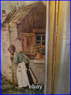 Peinture Ancienne Encadrée Signée, Huile Sur Toile Scène De Vie