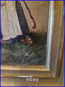 Peinture Ancienne Encadrée Signée, Huile Sur Toile Scène De Vie