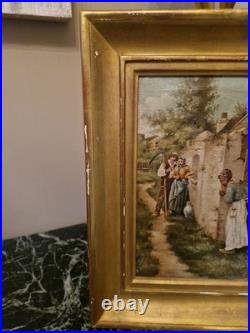 Peinture Ancienne Encadrée Signée, Huile Sur Toile Scène De Vie