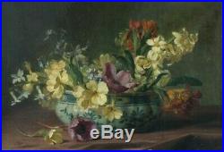 Peinture Ancienne Huile Original XIXème Nature morte aux Fleurs et Vase